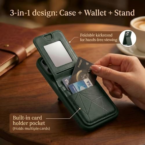 Image of amazon basics Premium Vegan Leather Back Cover with Card Holder and Integrated Mobile Stand for iPhone 14 Pro Max - Slim Shockproof Wallet Case with Geometric Stitching [Green]