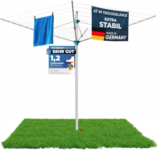 STAHLMANN Wäschespinne draußen [Made IN Germany ] - Wäschespinne[47 M Leinenlänge] inkl. Bodenhülsen mit Deckel - höhenverstellbareWäschespinne aus hochwertigem Aluminium