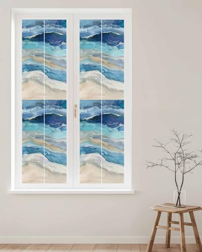 Window Privacy Film Abstract Ocean Wave Stained Glass Window Film Decorative Sun Block Window Cover Beach Ombre Blue Window Clings Static Self-Adhesive Sticker for Bathroom Glass Door 17.7"x78.7"