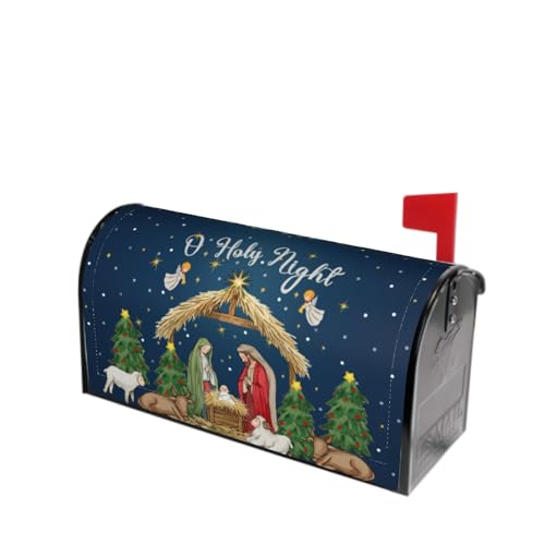 Image of Christmas Mailbox Cover Magnetic, Large Size 25.5x21 Inch, Xmas Trees Blue Holy Night Nativity Scene Waterproof Mailbox Wrap Post Cover for Garden Yard Holiday Hew Year Decor