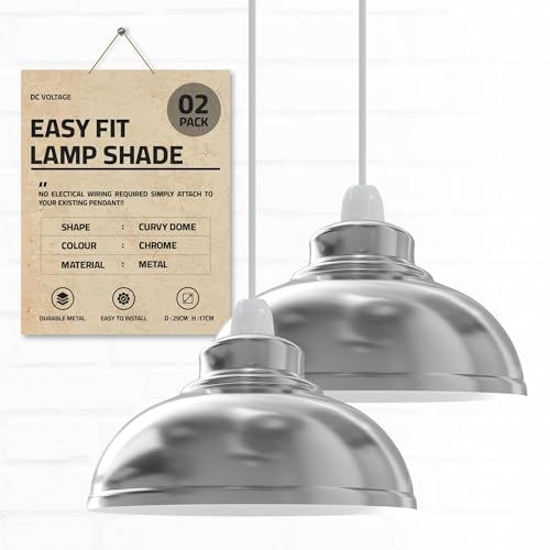 DC Voltage Industrial Ceiling Pendant Light Shades Retro Style Curvy Dome Shaped lamp Shades Metal Easy fit Ceiling Pendant Light Shades for Light fixtures (Chrome - 2 Pack)
