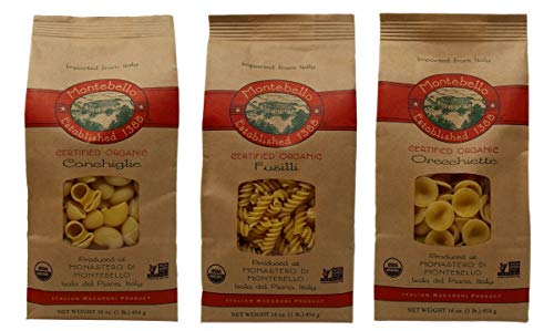 Montebello Organic Imported Italian Pasta 3 Shape Variety Bundle: (1) Orecchiette, (1) Fusilli, and (1) Conchiglie (16 Ounces)