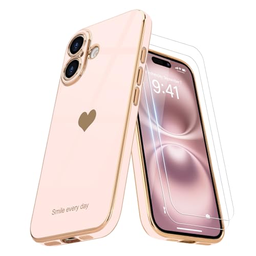 Teageo for iPhone 17 Case with Screen Protector [2 Pack] Girl Women Cute Girly Love-Heart Luxury Gold Soft Cover Camera Protection Silicone Shockproof Phone Case for iPhone 17, Light Pink