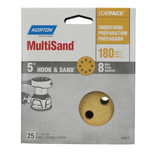 Norton MultiSand Hook and Loop Sanding Discs, Orbital Sander Sandpaper for Wood, Metal and Fiberglass, 180 Grit Sand Paper, 5 Inch Sanding Discs Hook and Loop, Pack of 25