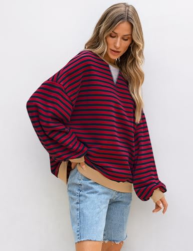 Image of UEU Women Oversized Striped Crewneck Sweatshirt Long Sleeve Color Block Pullover Tops Casual Loose Workout Shirt