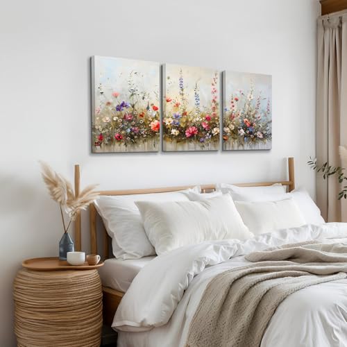 SERIMINO Large Wall Art for Living Room Canvas Prints, Nature Floral Botanical Wall Art Set 3 Piece Farmhouse Decor, Misty Flowers Modern Home Decor Paintings for Bedroom Bathroom 16"X24"