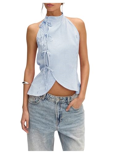 Milumia Women's Striped Tie Front Halter Top Sleeveless Open Back