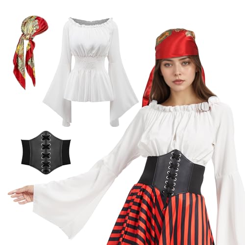 MVFEUIJ Costume de pirate pour femme - Écharpe de pirate médiévale - Ceinture - Costume de pirate - Pour carnaval - Blanc - Taille M
