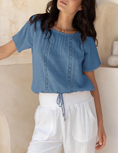QIBABU Summer Tops for Women Casual Short Sleeve Round Neck Hollow Out Lace Blouses Shirts(2154-Blue-M-QB) — view 3