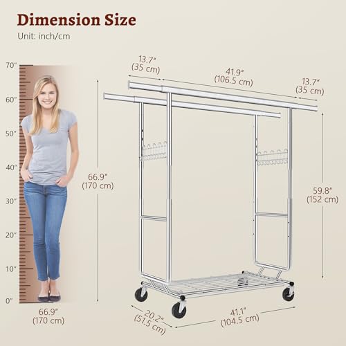 FAVOOSTY Perchero doble resistente,capacidad de 200 kg, extensible y ajustable, perchero con ruedas y estantes bloqueables para dormitorio, sala de estar, color plateado - imagen 3