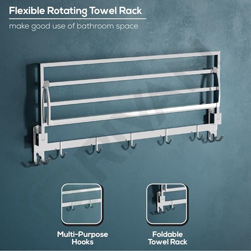 Image of GRIVAN Premium Stainless Steel 24 Inch Foldable Towel Rack /Shelf /Stand for Bathroom, Towel Holder with Hooks and Hanger (Silver Chrome Finish)