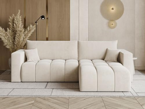 GRAINGOLD Neva L Ecksofa modern mit Bettfunktion, 280x170 cm, L-Form Sofa, Schlafcouch für Wohnzimmer, Velvet-Stoff, 3-Sitzer Eckcouch, Ecksofa mit Bettkasten (Beige)
