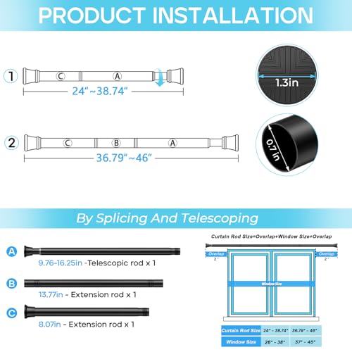 Image of Spring Tension Curtain Rod 24-46 inch, Adjustable Expandable Tension Curtain Rod No Drilling, Tension rods for Window Doorway Kitchen Curtain, Black