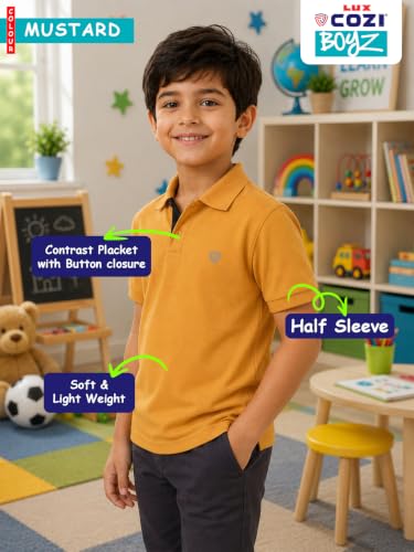 Image of Lux Cozi Boy's Polycotton Polo T-Shirt | Solid Collared Half Sleeve Tee for Kids | Soft Breathable Summer Wear | Casual Smart Polo T-Shirt | 3-14 Years