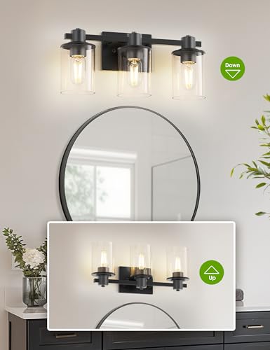 Image of L LOHAS LED 3-Light Black Bathroom Light Fixtures Over Mirror, Modern Matte Black Vanity Light with Clear Glass Shade, Vanity Lights for Bathroom Bedroom Hallway