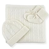 Jet&Bo BABY 100% Cashmere Baby Blanket, Beanie and Booties Gift Set Cable Knit Design in Cream – Unisex, Size 0-6 Months - Gift Box and Card Included