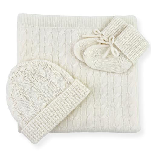 Jet&Bo BABY 100% Cashmere Baby Blanket, Beanie and Booties Gift Set Cable Knit Design in Cream – Unisex, Size 0-6 Months - Gift Box and Card Included