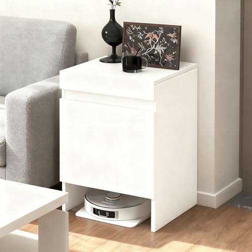 NEHCFO Armoire De Rangement Cachée pour Robot Aspirateur, Meuble en Bois avec Portes pour Robot Aspirateur, Changement D’Eau Facile pour Salon/Chambre/Cuisine(White)