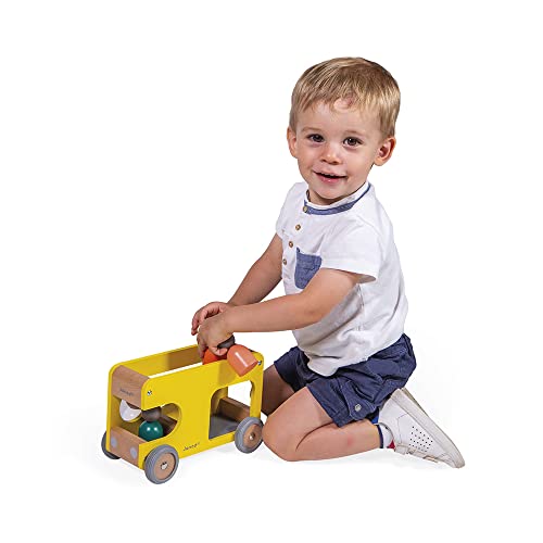 Image of Janod - Bolid Solid Wood School Bus - 6 Characters Included - Silent Wheels - Imagination and Fine Motor Skills - FSC Certified - Water Painting - From 2 Years, J04635, Yellow