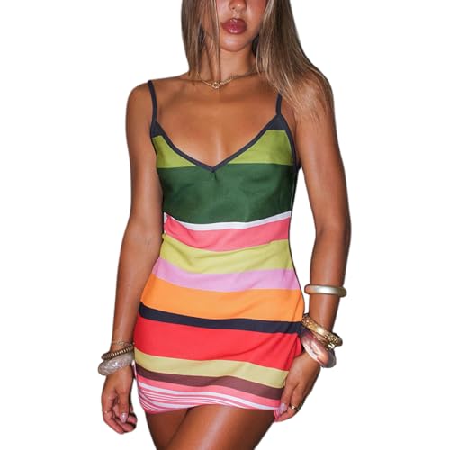 Women Floral Mini Dress Bohemian Spaghetti Strap Sleeveless Bodycon A-Line Dress Short Cami Swing Dress Clubwear Y2K (US, Alpha, Medium, Regular, Regular, Striped)