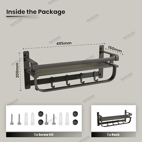 Image of Backline Aluminium Towel Rack for Bathroom | Corrosion Resistant, Anti-Peel and Scratch Resistant | Towel Holder in Bathroom with Shelf for Shampoo & Face Wash |Towel Rod with Hooks(3 Years Warrenty)