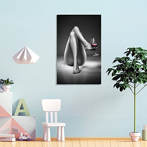Canvas Prints Nude Woman Wine Glass Painting Black And White Sexy Girl Poster Wall Art Modern Pictur Canvas Painting Wall Art Poster For Bedroom Living Room Decor 16X24Inch(40X60Cm) Frame-Style-1 #TOP3