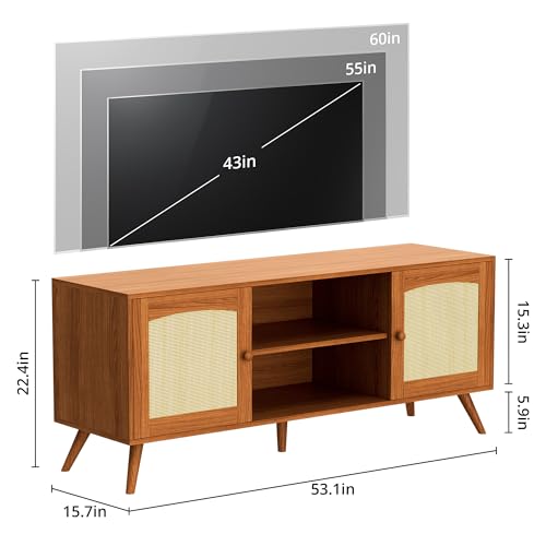 image for DIYART Brown Rattan TV Stand for 60 Inch TV, Wooden Mid Century Modern