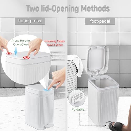 Image of rejomiik Small Bathroom Trash Can with Lid Slim Soft Close Garbage Can Step Wastebasket Container Trash Bin for Office Bedroom Kitchen Living Room (1.9 Gallon White)