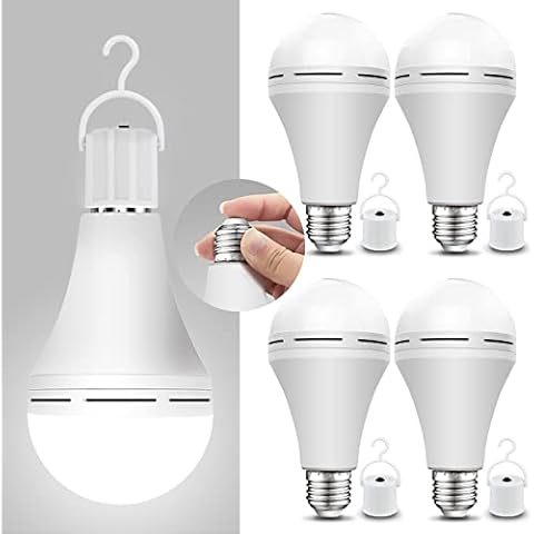 4 Pack Rechargeable-Emergency-Light-Bulb, Stay Lights Up When Power Failure, 1200mAh 15W 80W Equivalent 6000K Battery Operated Light Bulb for Home, Camping, Tent (E27, with Hook) Cover