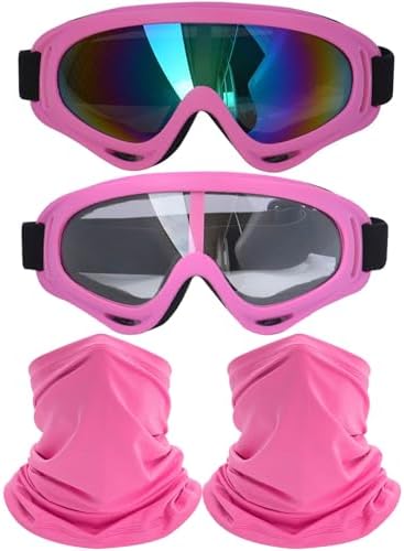 2Pcs Motorcycle Goggles with 2Pcs Neck Gaiters, Dirt Bike ATV Motocross Riding Racing Ski Goggle Safety Glasses