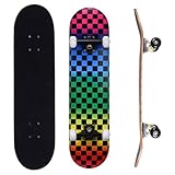 ERNAN Skateboard 31x8 Zoll Komplette für Kinder Jugendliche Erwachsene, komplettes Standard-Skateboards, 7 Schichten Ahorn-Deck, konkaves Skateboard (Rainbow Checkered)