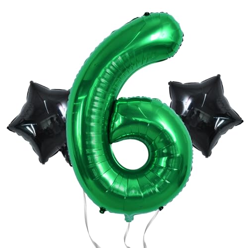 Image of TONIFUL 32 Inch Soccer Balloons Set 6st Birthday Decoration Green Number 6 Foil Soccer Balloon Black Star Balloons for Children's Boys Birthday Party Football Themed Party Supplies
