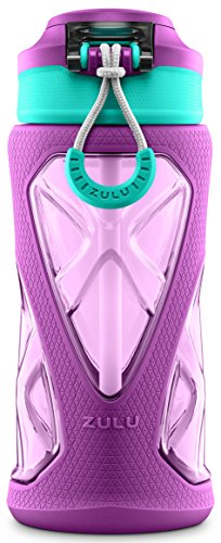 Image of ZULU Torque 16oz Plastic Kids Water Bottle with Silicone Sleeve and Leak-Proof Locking Flip Lid, Soft Touch Carry Loop for School Backpack, Lunchbox, BPA-Free Dishwasher Safe, Purple (Pack of 6)