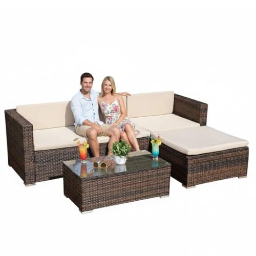 Melko Rattan Gartenmöbel Set Braun Couch mit Tisch, Hocker und Stuhl, aus Polyrattan, wetterfest und robust, Gartengarnitur für Balkon, Garten oder Terrasse