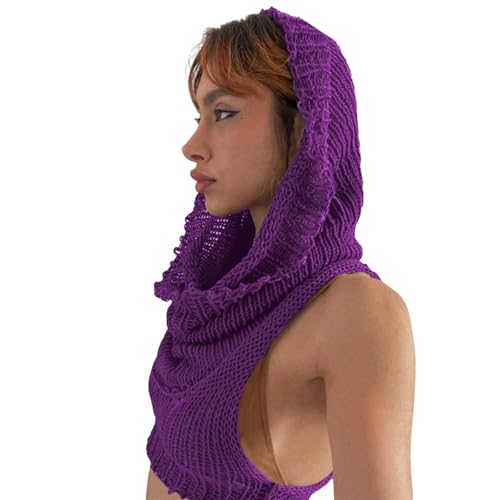 Image of Women's Knitted Hoodie Sweater Vest Sexy Sleeveless Hollow Out Hooded Crop Top Draped Sweatshirt Streetwear