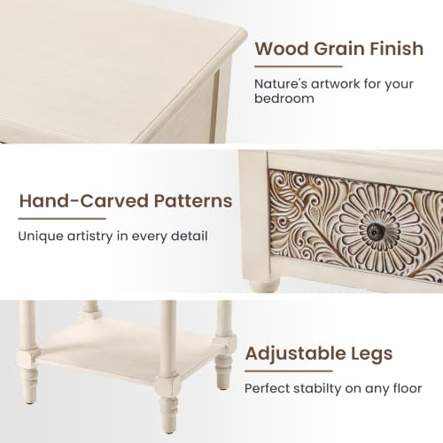 Image of HOMPUS Fully Assembled Farmhouse Nightstand with Drawer and Shelf, Vintage Nightstand with Flower Pattern, Wood End Table, Small Bedside Table Night Stand for Living Room, Bedroom, Distress White