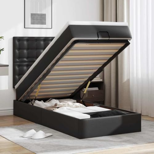 zylophax Cadre de lit Ottoman Noir 80x200 cm en Similicuir avec Matelas à Ressorts ensachés, sommier à Lattes, Rangement relevable, tête et Pied de lit
