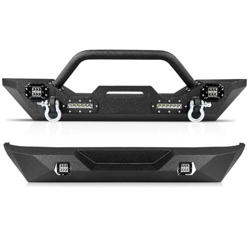 Peforway Off Road Bumper Combo Compatible with Jeep Wrangler JL & JLU 2019-2024 2/4 DR,Front Rear Rock Crawler Bumper with Winch Plate, Heavty Duty Bumper with Lights & 2-rings Shackles