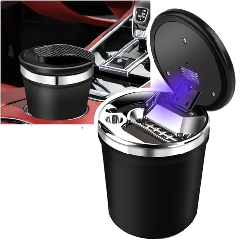 YESCOO Car Ashtray Smell Proof with Lid,Smokeless Ashtray for Car cup holder with Carbon Fiber Pattern, Portable Ash Tray Ceramic Inner Wall with LED, Men's Gift for Travel, RV,Outdoor,Home