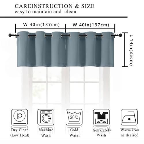 Image of Simplebrand Stone Blue Window Valance for Kitchen 14 Inches Long 2 Panels Set, Room Darkening Valance Curtains for Living Room, Grommet Short Privacy Kitchen Curtains for Bedroom Kids Room, 40Wx14L
