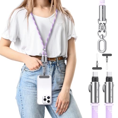 enablink Cadena universal para teléfono móvil, adecuada para todos los smartphones con 2 parches universales, 30W Cable USB C a IP Cable de Carga Rápida, correa ajustable y extraíble 1.2M Morado