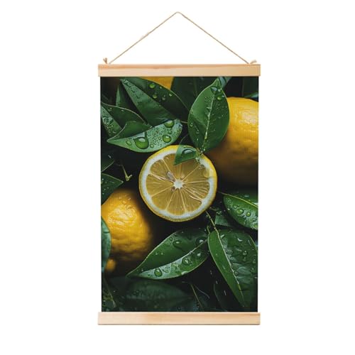 Impression toile citron suspendue pour une déco de salon en bois