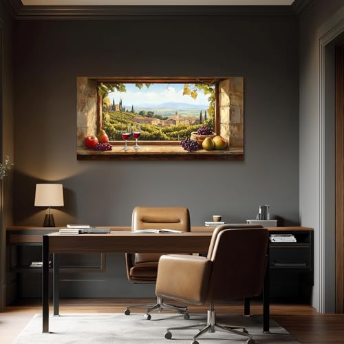 crmotu Vineyard Large Wall Art, Faux Window Canvas Prints of Wine Country, Grape Farms Beyond the Vintage Windowsill, Rustic Dining Room Kitchen Wall Decor, Restaurant Home Bar Decoration 24x48 Inch
