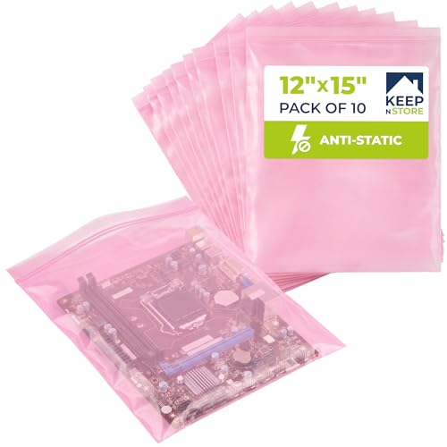 12" x 15" Pink Anti-Static Resealable Poly Bags, Pack of 10 - ESD Safe 4 Mil Plastic Bags for Electronics & Computer Parts, Industrial Anti-Static Packaging, Double-Track Zip Seal by Keep N Store - Used condition - US$16.36