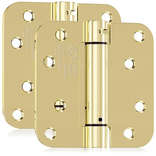 JOYNY 2 Pack Self Closing Door Hinges 4 Inch Spring Loaded Door Hinges for Garage Front Back Door Left/Right Hand Adjustable Tension 5/8 Radius Corners UL Listed Gloden