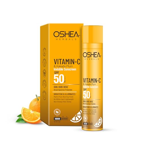 Image of Oshea Herbals Vitamin C & Kakadu Plum Invisible Sunscreen SPF 50 PA+++ for Women & Men | Lightweight & Hydrating with No White Cast | Prevents Tanning & Brightens Skin | Enriched wth Shea Butter 50ml