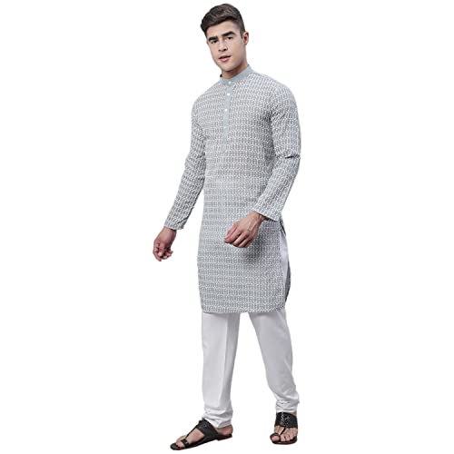 Image of SOJANYA (Since 1958 Men's Pure Cotton Blue Kurta with White Embroidery and White Pyjama Set