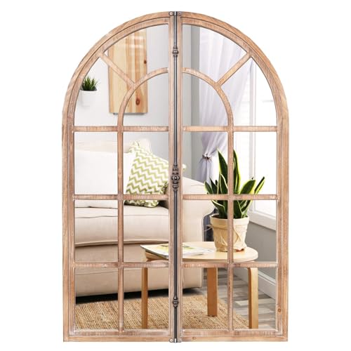 Giantex Arched Wall Mirror 88 x 60CM, Farmhouse Wall Mounted Decorative Mirror, Window Pane Mirror, Rustic Windowpane Wall Decoration for Vanity Living Room Entryway Bedroom Bathroom