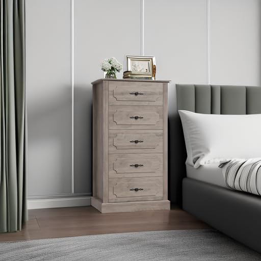 FINETONES 5 Drawer Grey Dresser, 43" Wood Dresser Samll Dresser Chest of Drawers with Large Storage Space, 5 Drawer Dresser Tall Floor Storage Cabinet for Home Office, Ash Grey