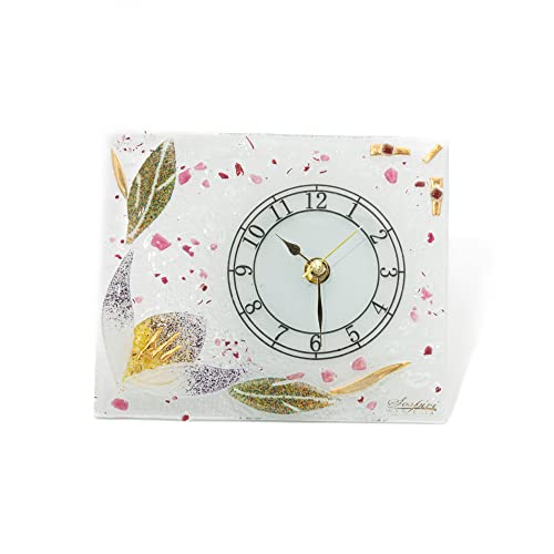 Sospiri Venezia Orologio da Tavolo Vetro Murano Meccanismo Silenzioso Decorato Floreale Oro Idea Regalo Realizzato a Mano Made Italy (18x15 cm)